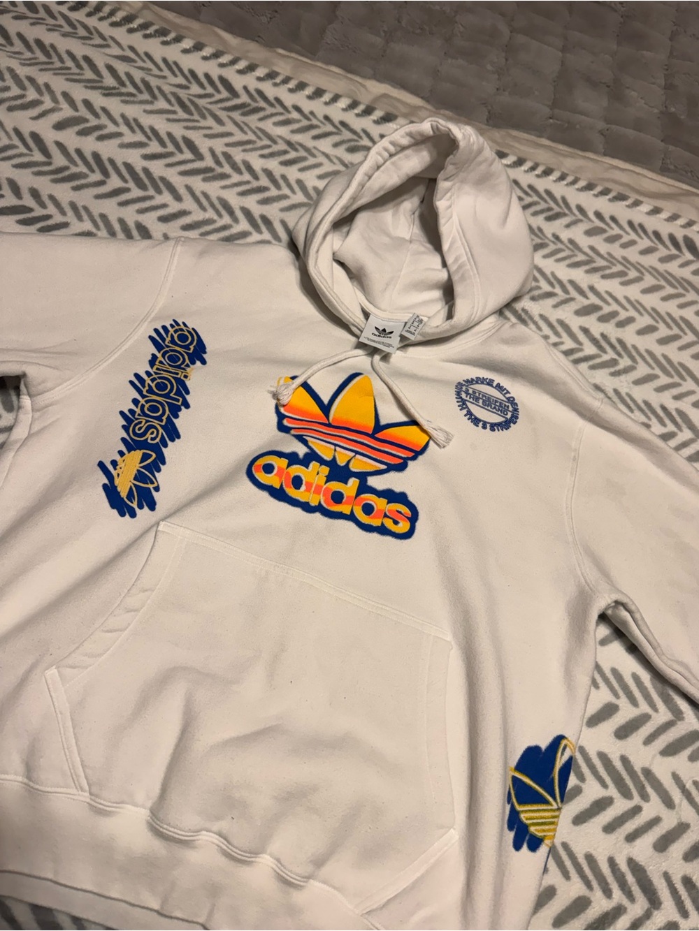adidas Kids White Hoodie with Blue and Yellow Trefoil Graphics
